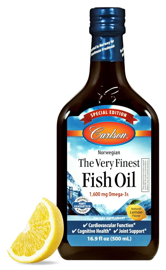 Carlson - Den aller fineste fiskeoljen, spesialutgaven, 1600 mg omega-3s, flytende kosttilskudd, norsk fiskeolje, Wild-Caught, Sustainablely kildet flytende, sitron, 500 ml (16,9 fl Oz)