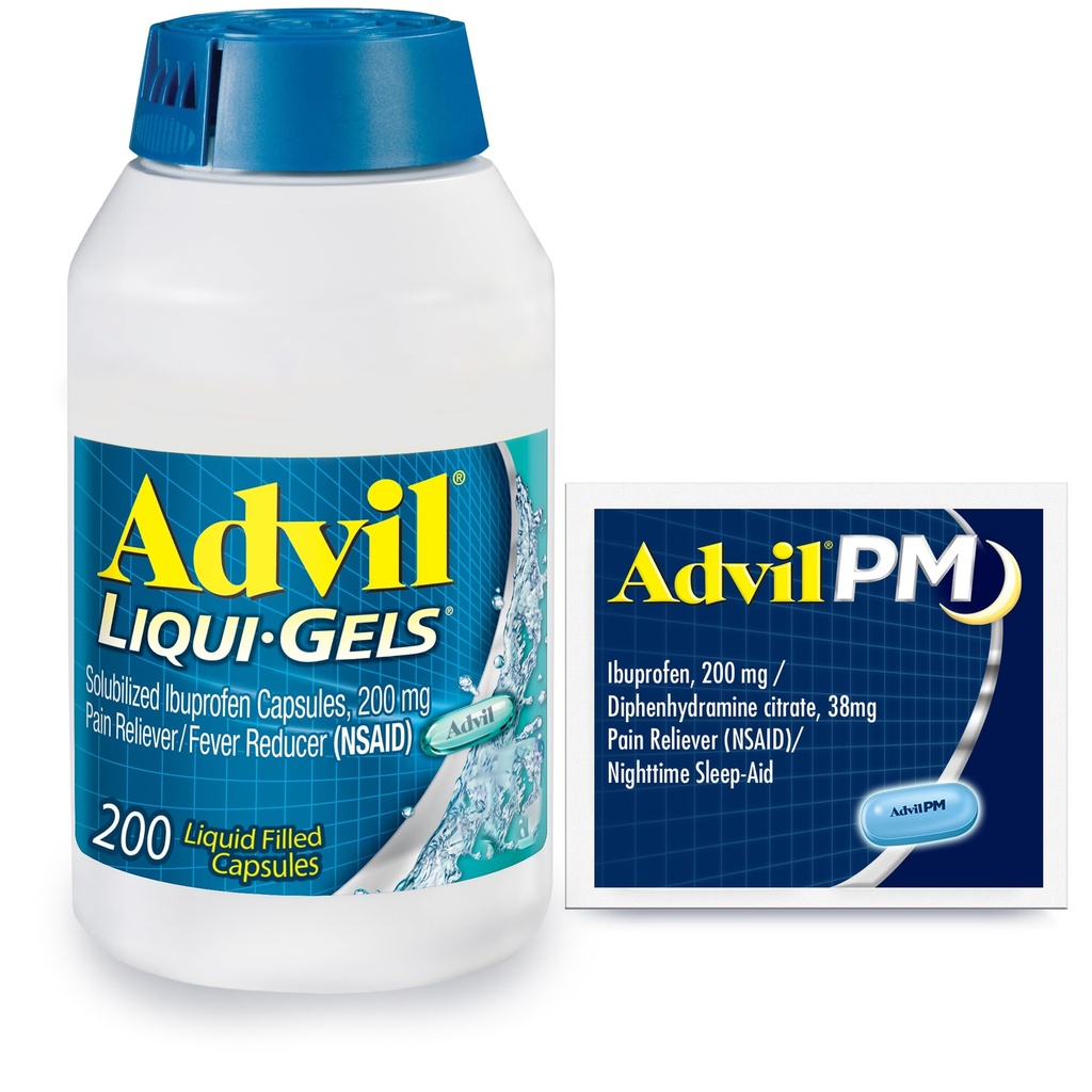 Advil Liqui-Gels smertestillende og feberreduserende, smertemedisin for voksne med Ibuprofen 200 mg for hodepine, ryggsmerter, menstruasjonssmerter og ledd smertestillende - 200 kapsler, Advil PM Ibuprofen - 2 Ct