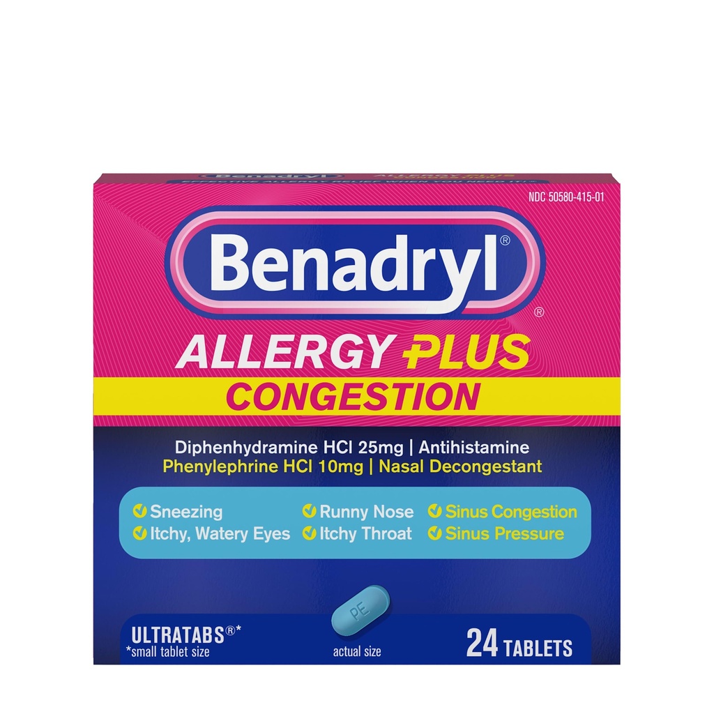 Benadryl Allergy Plus Congestion Ultratabs, Medisin med Diphenhydramine HCl Antihistamin & Phenylephrine HCl Nasal Decongestant, Allergi & Sinus Congestion Relief Tabletter, 24 ct
