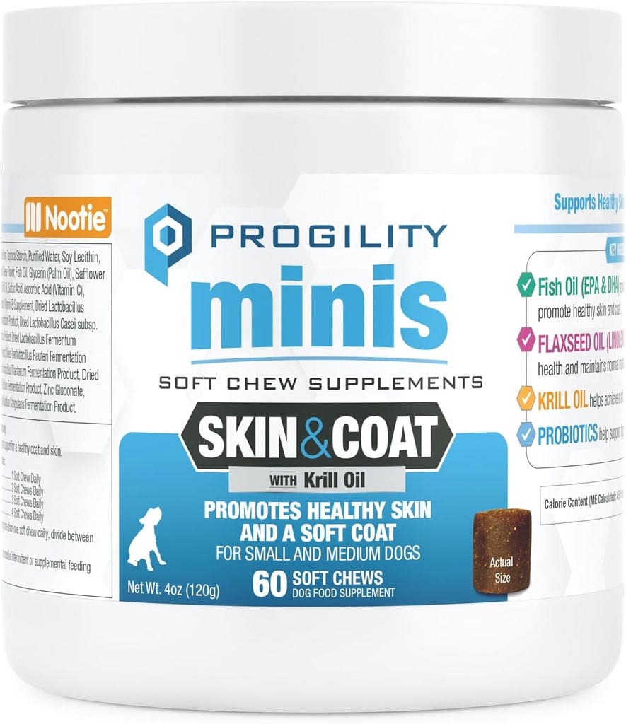 Nootie Progilitet Mini Hud & Coat Supplement for små hunder, fiskeolje støtter sunn hud & Coat, 60 myk Chews per container