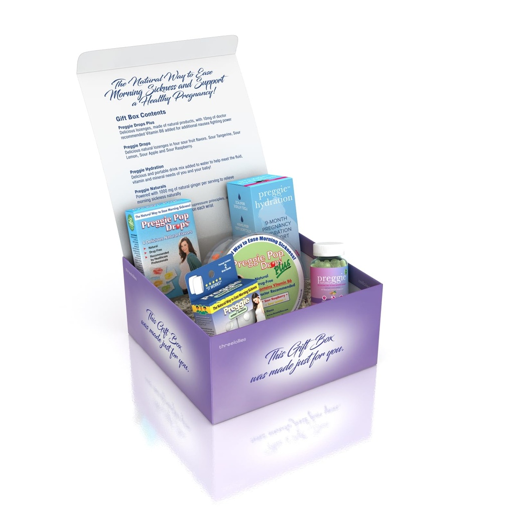 Three Lollies Preggie gaveboks - Naturlig, Graviditetsmangel Relief Essentials med Anti-Sickness Lozenges, Hydration Packets, Ginger Capsules, & Anti-Nausea Bands for morgensykhet