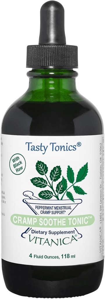 Vitanica Cramp Soothe Tonic, Dr Formulert Menstruell Cramp Support, med svart haw Bark, Valerian Root, Ginger Root, og Garrya Urt, Alkoholfri, Vegansk, 4 Ounce- Pro Logo