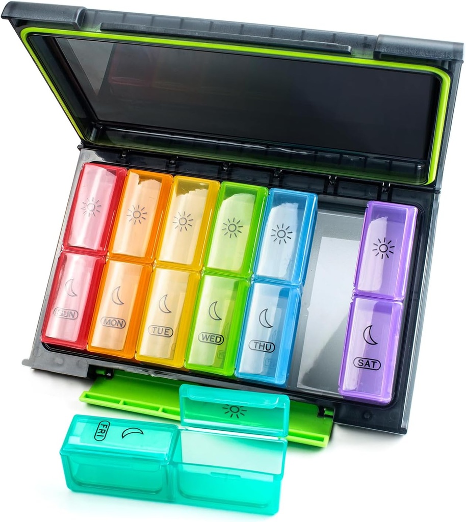 Weekly Pill Organizer 2 ganger om dagen, Moisture-Proof 7 Day Pill Case, store piller boks bærbare for reise med flyttbare individuelle beholdere å holde vitaminer, kosttilskudd og medisinering