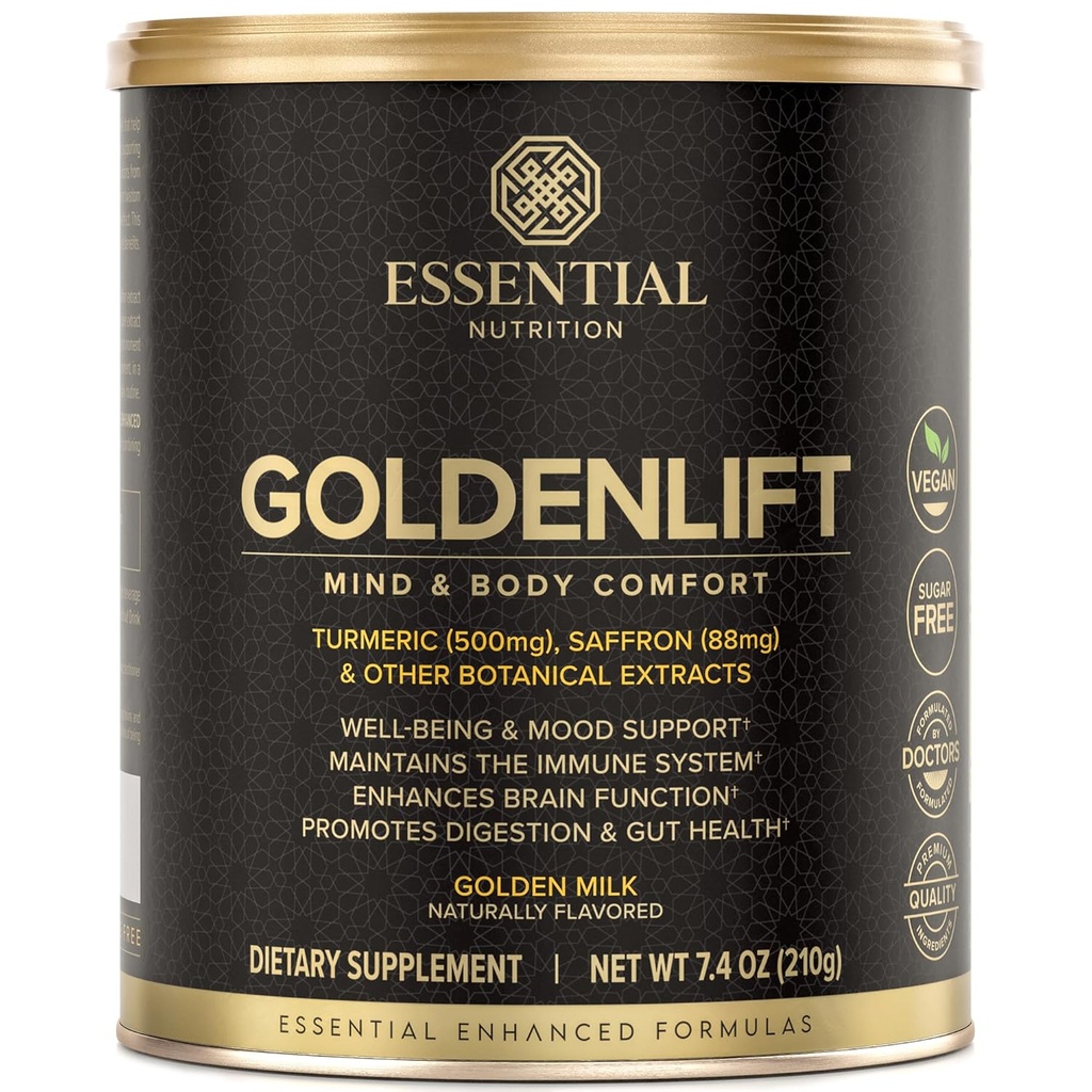 Essential Nutrition Golden Lift - Golden Milk Supplement - Vegansk - Med Turmeric, Saffron, kanel, Cayenne og svart pepper Standardiserte ekstrakter - Mind & Body Comfort - 7,4 oz (30 Serveringer)