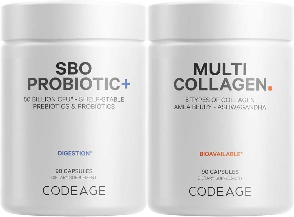 Kodeasje Multi Collagen Protein Kapsler 5 Typer, Ashwagandha Medania Somnifera & Organic Amla Berry + SBO Probiotic Blande 50 milliarder CFU Bundle, Lactobacillus Plantarum, Bacillus Subtilis, Ikke-GMO