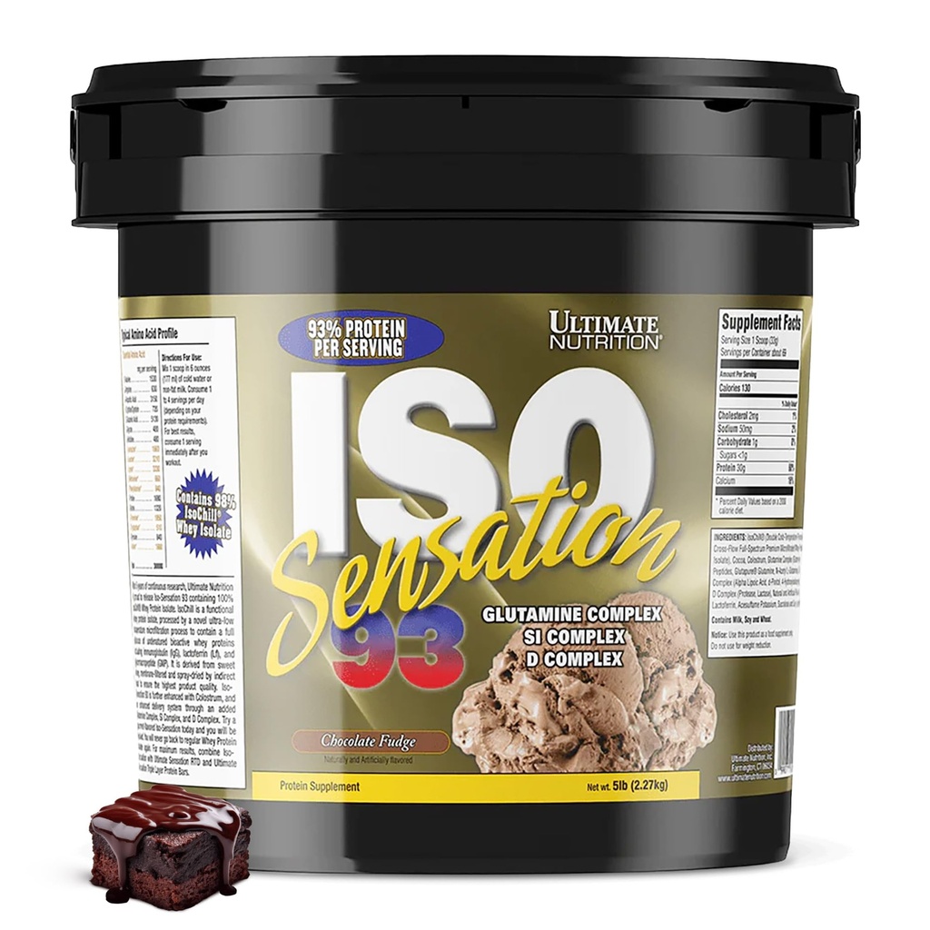 Ultimate Nutrition Iso Sensation 93 med glutamin, Whey Protein Isolere pulver, 30 gram protein, lav carb proteinshake, keto vennlig, 5 pund, sjokolade fudge flavored