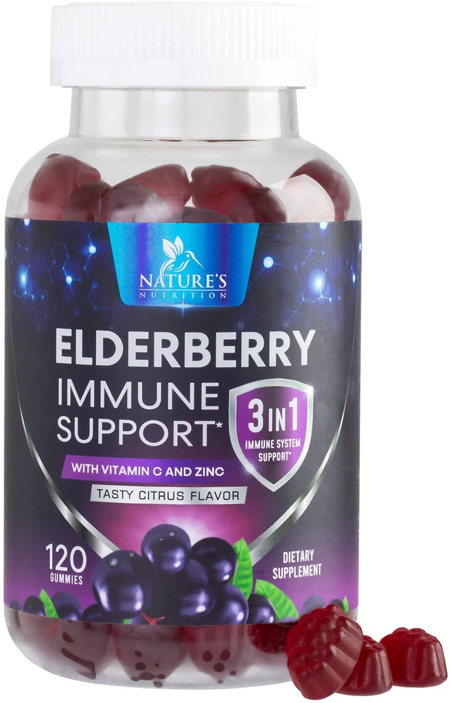 Elderberry Gummies med vitamin C, D3 og sink - Immun støtte Gummy for barn og voksne, svart Elderberry Extract Gummy Immune Health Support Supplement, svart eldre Berry Vitamin - 120 Gummies