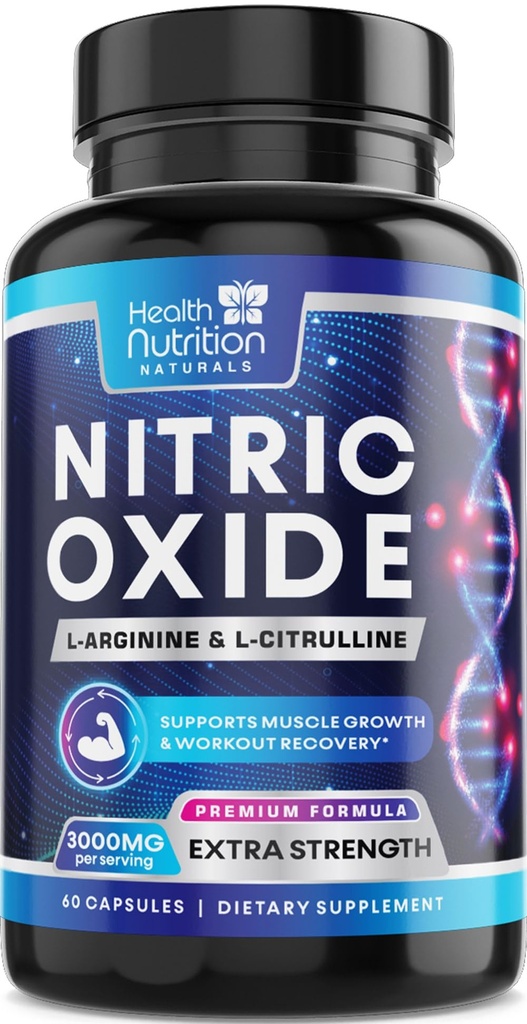 Ekstra styrke Nitric Oxid Booster 3000mg - 3X L-Araginin AKG & HCI + L-Citrullin Malate - Beste muskel støtte nitric Supplement - Naturlig energi, hjerte helse støtte flasket USA - 60 kapsler