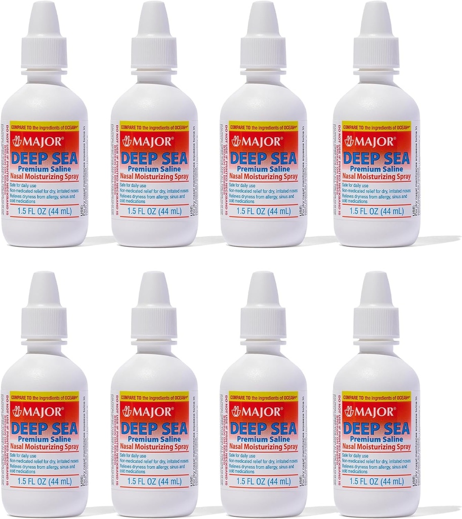 MAJOR Deep Sea Premium Saline - Nasal Moisturizing Spray for tørrhet og irritation Relief - Natriumklorid 0,65% - 1,5 Fl. Oz (8 Pack)