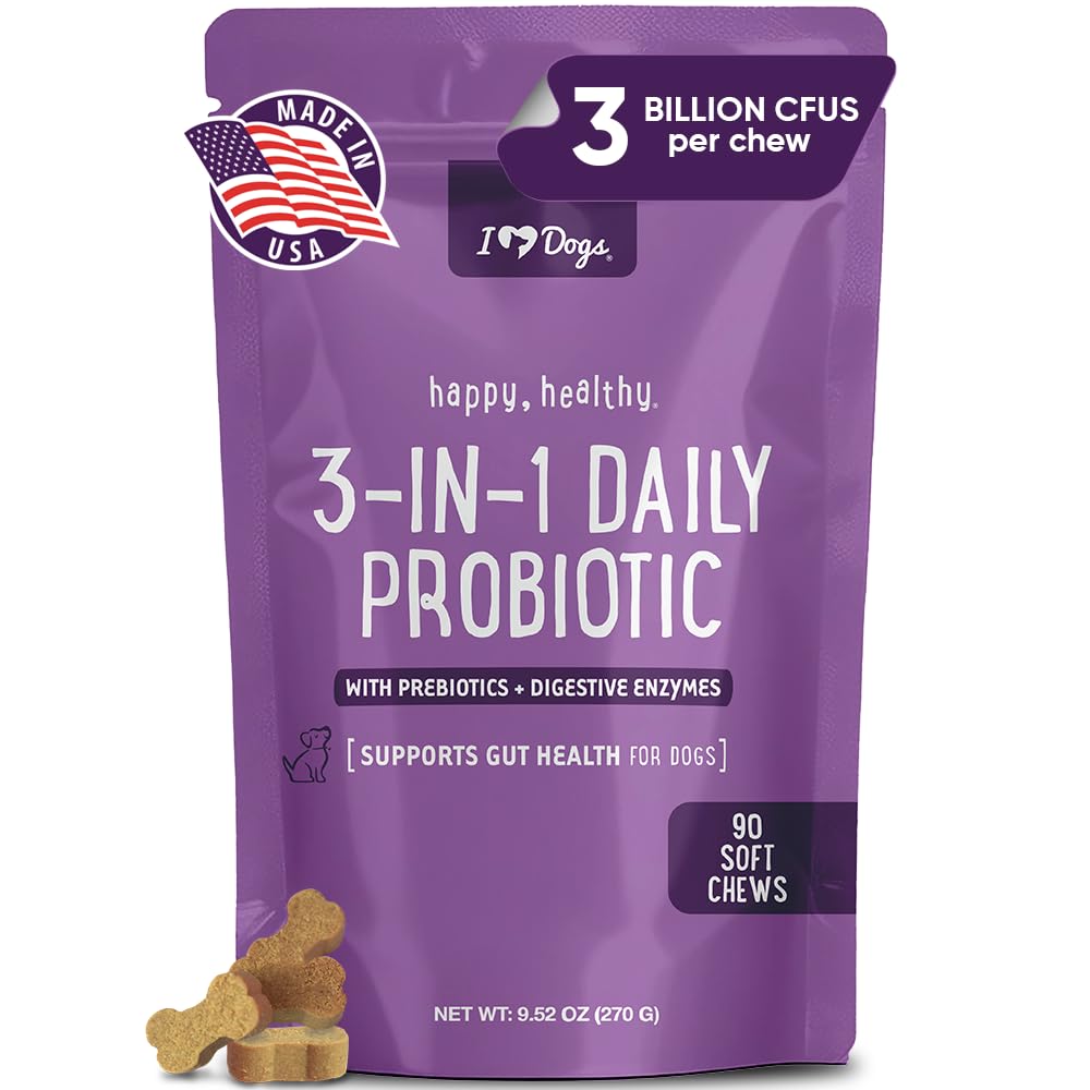 iHeartDogs 3-i-1 Probiotic for hunder med Pumpkin for forbedret Digestion & Gut Health - Hundeprobiotika og Digestive Enzymes, 90 Count