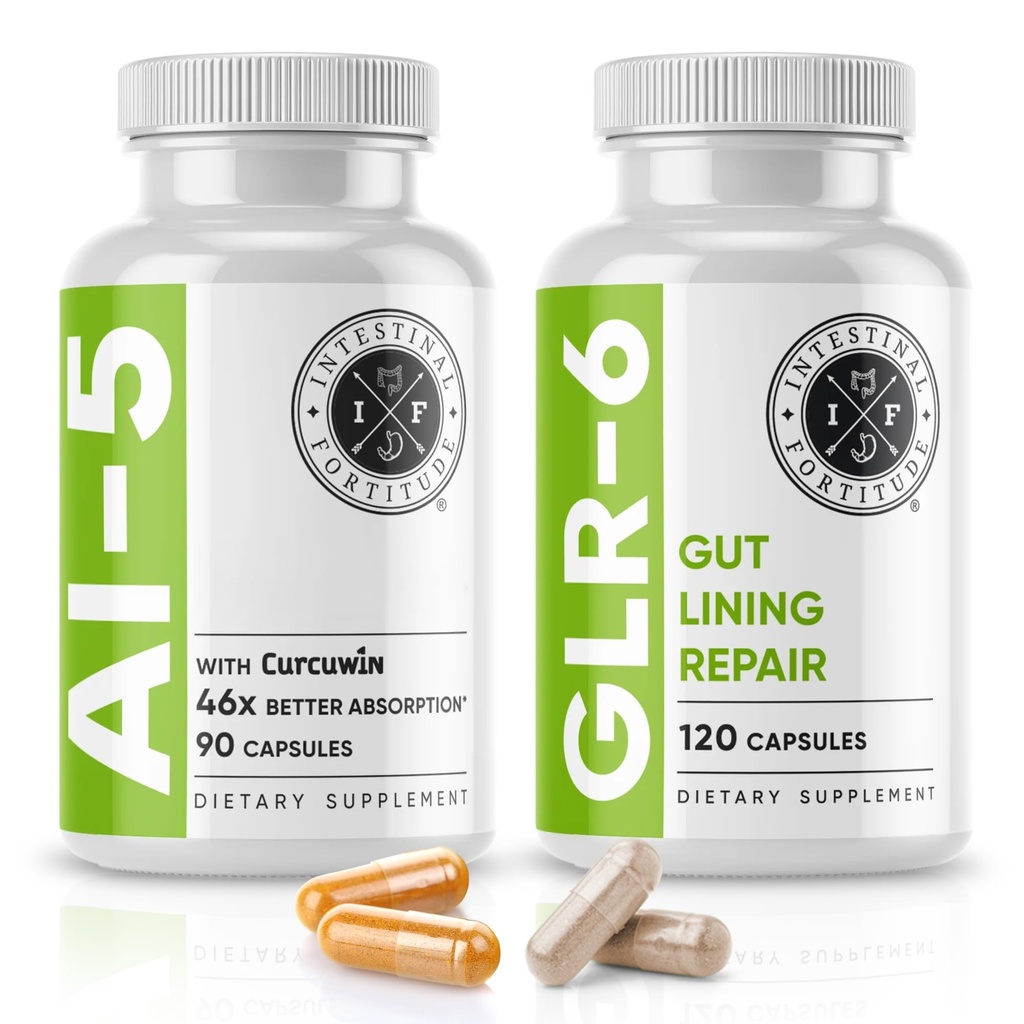 Intestinal festning AI-5 & GLR-6 Digestiv Helse Supplement Bundle w/Glutamine, Turmeric, Curcumin for Gut Helse Kapsel Supplement & støtte Digestiv Helse, Ikke-GMO, Dairy Free - 30 dagers forsyning