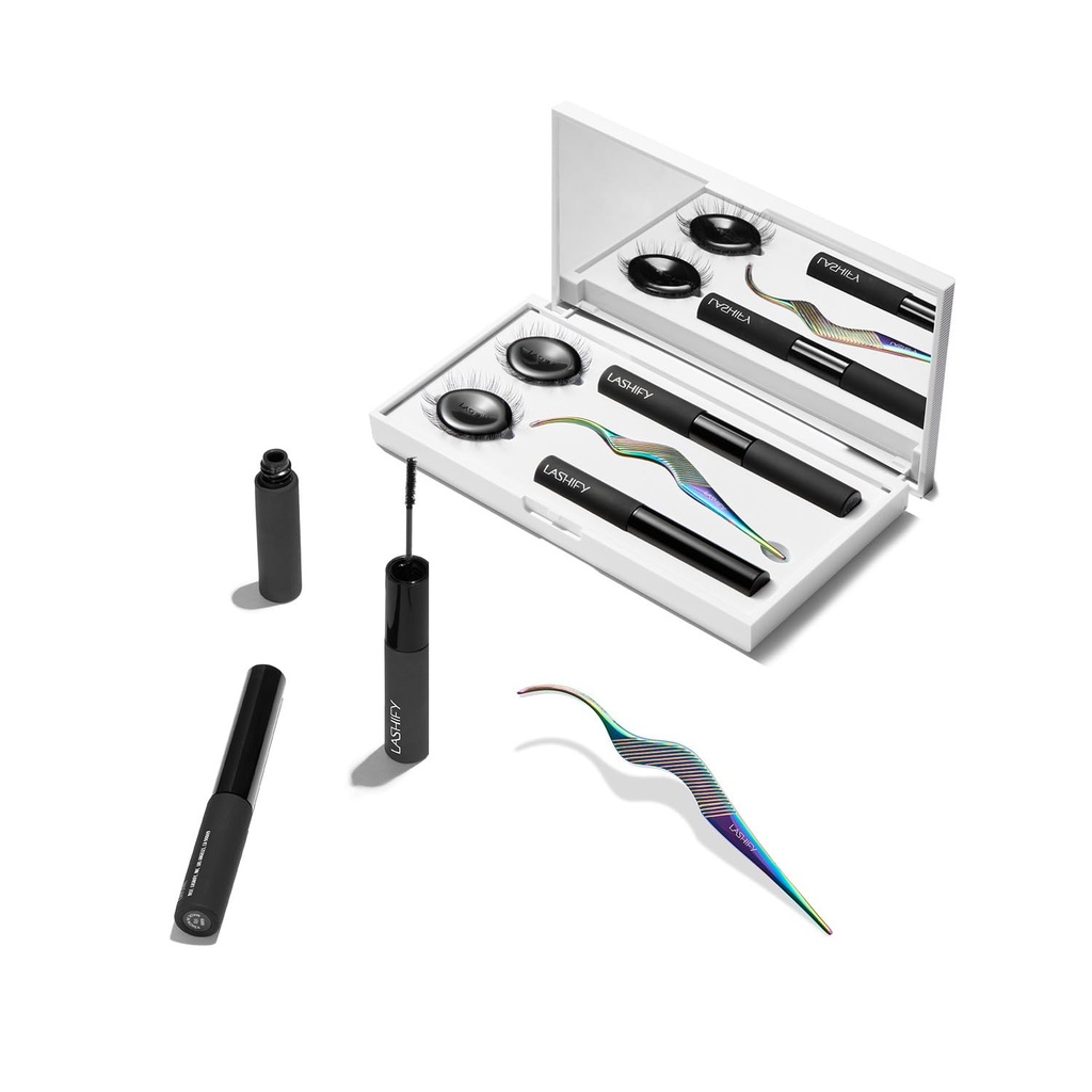 Lashify Control Kit - Komplett DIY Eye Lash Starter Sett - Amplify Gossamer Svart 10mm, 12mm, Hvit reise sak, Petite Wand