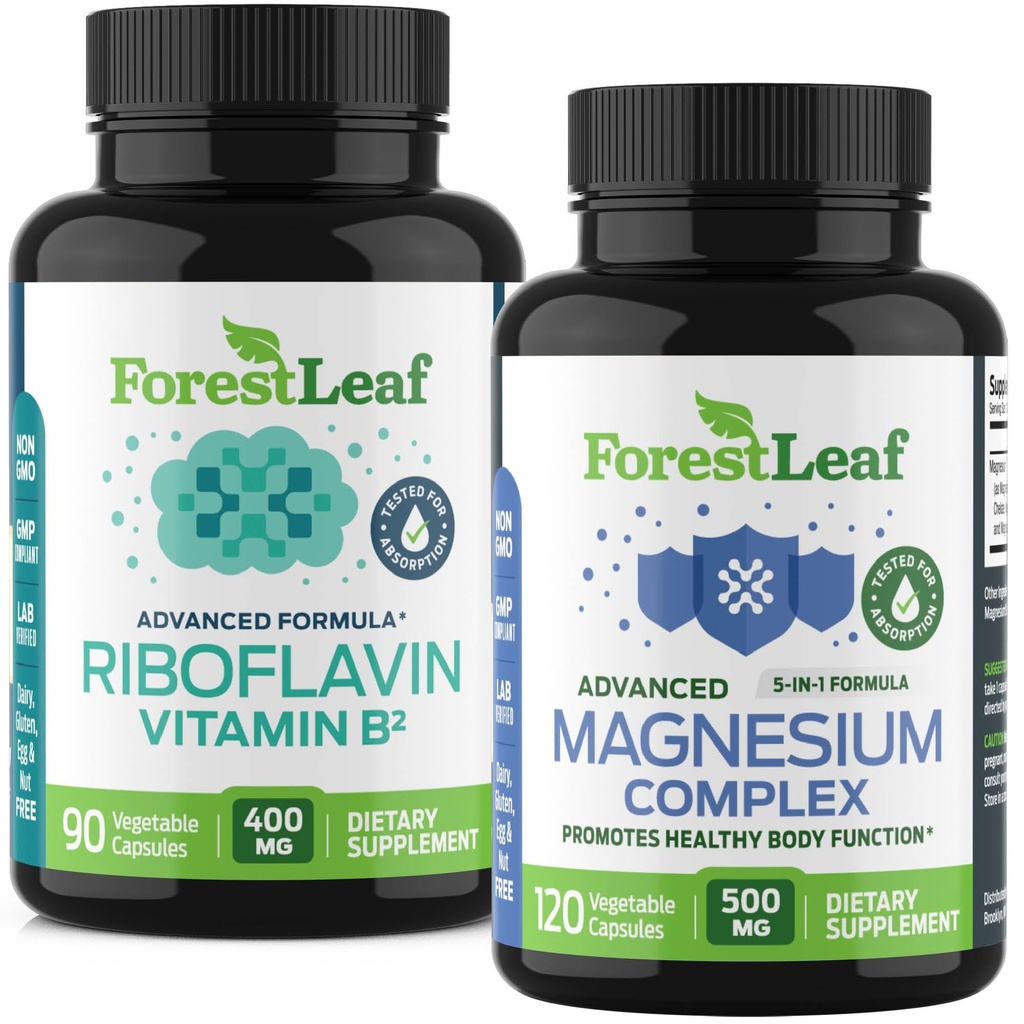 ForestLeaf Riboflavin & Magnesium Migrain Supplement - Riboflavin 400mg for hodepine Relief - Ultimate Magnesium Bundle med B2 Vitamin 400mg for hodepine Migrain Relief Kapsler