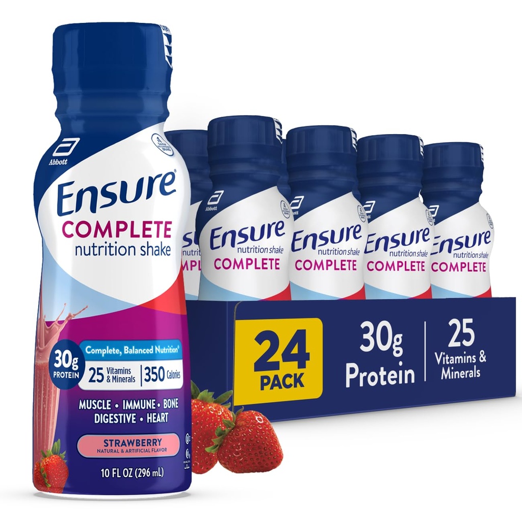 Sikre COMPLETE Jordbær ernæringsshake, komplett, balansert måltid erstatning, klar til å drikke, 30g protein, 25 vitaminer og mineraler, 10 fl oz—24 Pack