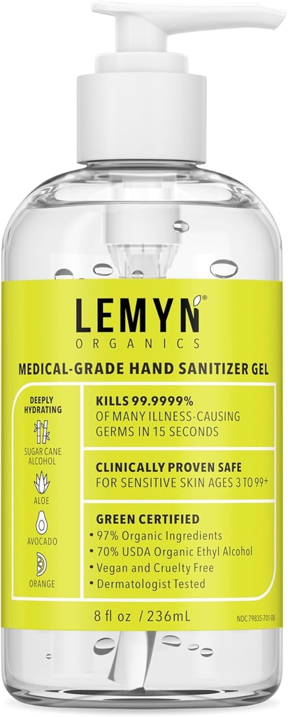 Medisinsk-Grade hånd sanitator Gel – 97 % organisk | 70 % USP etylalkohol | Moisturizing Aloe + Hyaluronsyre | fersk laget i USA | 8oz flaske med pumpe