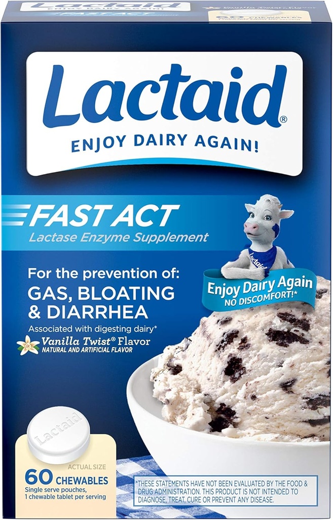Lactaid Rask Act Laktose Intolerance Chewables med Lactase Enzymes, Vanilla, 60 greve