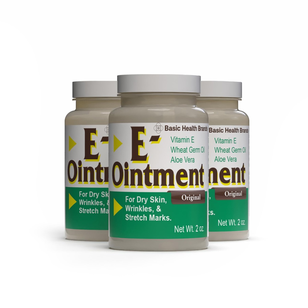 Basic Organics - Grunnleggende merker - Vitamin E Ointment - 2 oz - Bevegelsesforsterkning - kan bidra til å redusere utseendet på arr, strekkmerker, fine linjer og rynker - Pakke med 3
