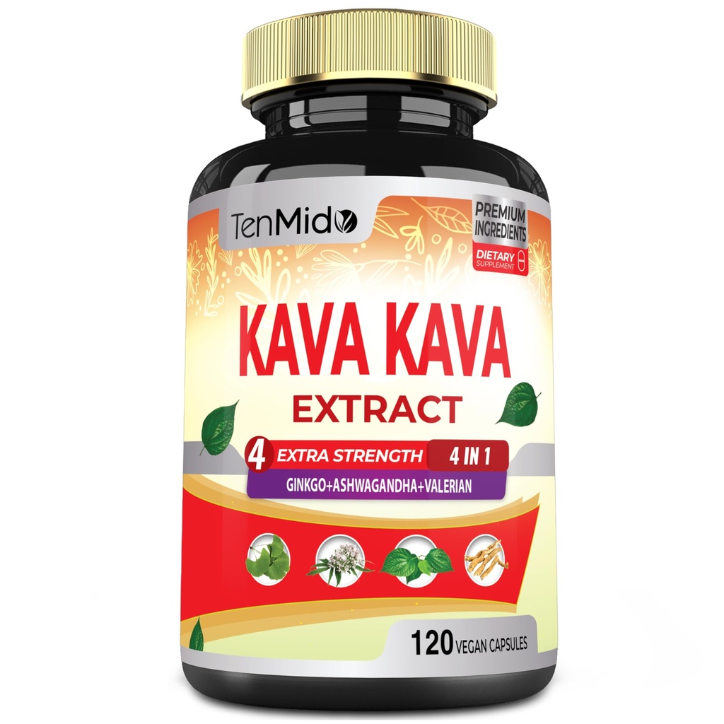 Kava Kava Supplement Extract Kapsler, 4 måneders forsyning med Ginkgo, Ashwagandha, Valerian- Relaxation støtter Supplement- 120 Vegan Kapsler