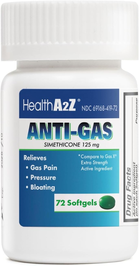 HealthA2Z® Gassrelieff Simetikon | 125mg | Belaster fra Mage Discomfort og Gas | Anti flatulens | Belaster Gass Rask og Bloating (72 teller (Pack of 1))