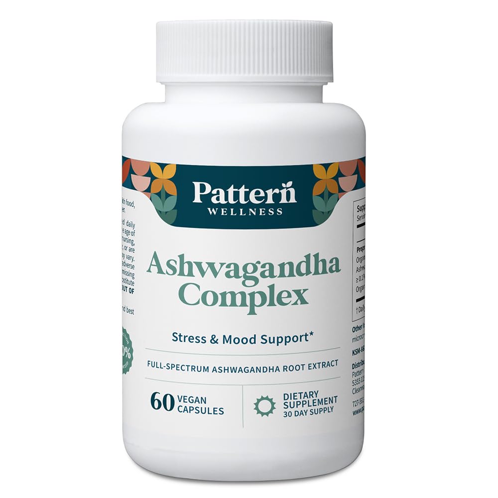 Mønster wellness Ashwagandha kompleks for menn og kvinner - KSM-66 & svart pepper ekstrakt - hele kroppen og hjertet helse - støtter stress og humør - ikke-GMO - 60 vegansk kapsler