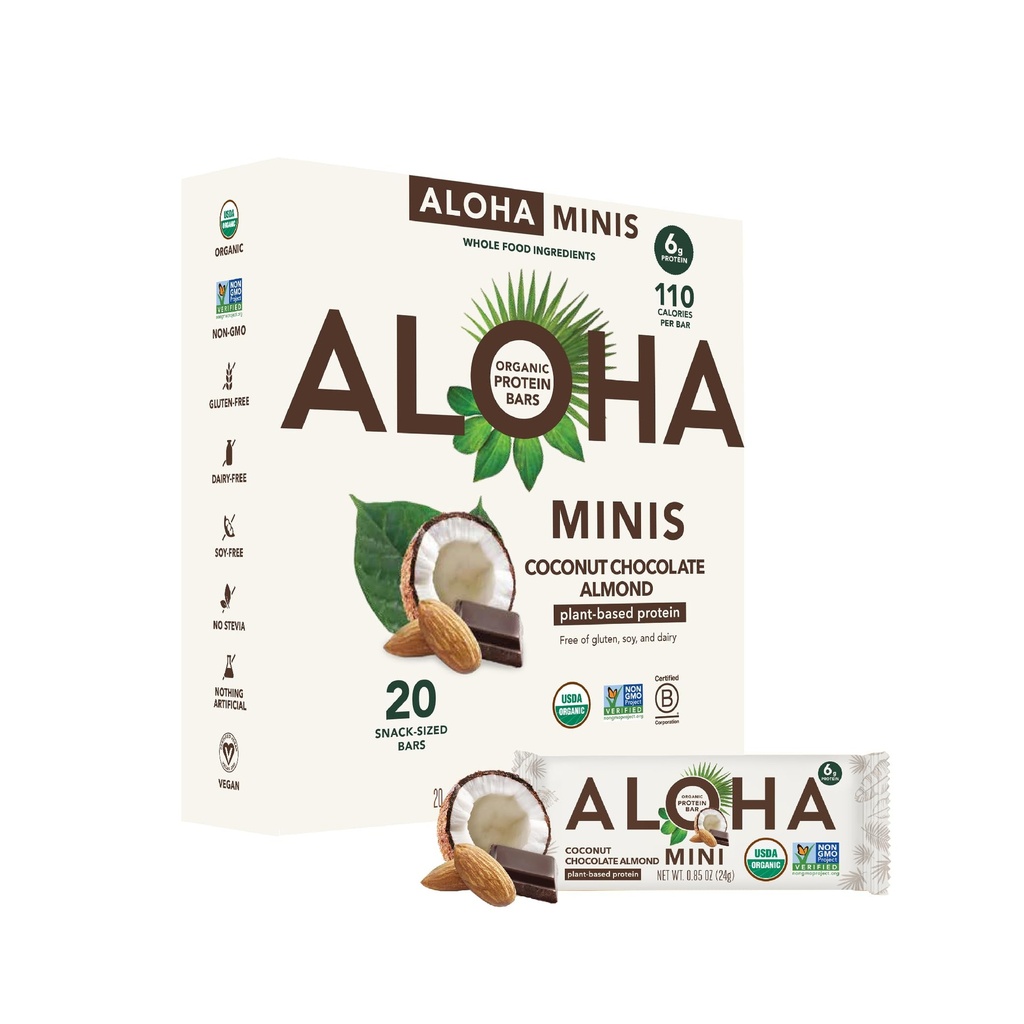 ALOHA Organic Plant Basert Protein Bar MINIS |Coconut Sjokolade Almond | 20 greve, 24g Barer | Vegansk, Lav Sukker, Glutenfri, Paleo, Lavkarbohydrater, Ikke-GMO, Stevia Gratis, Soya Gratis, Ingen sukkeralkoholer