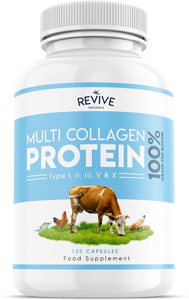 Revive Naturals Multi Collage Protein Capsules - Typer I, II, III, V & X - Hydrolysert Gras Fed Bovine, Wild Caught Marine & Free-Range Kylling, laget med Hyaluronsyre & Vitamin C, 120 Caps
