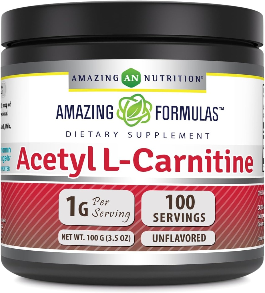 Amazing Formler Acetyl L-karnitin 100 gram (3.5 Oz) pulver Supplement | 100 Serveringer | Ikke-GMO | Glutenfri | Laget i USA