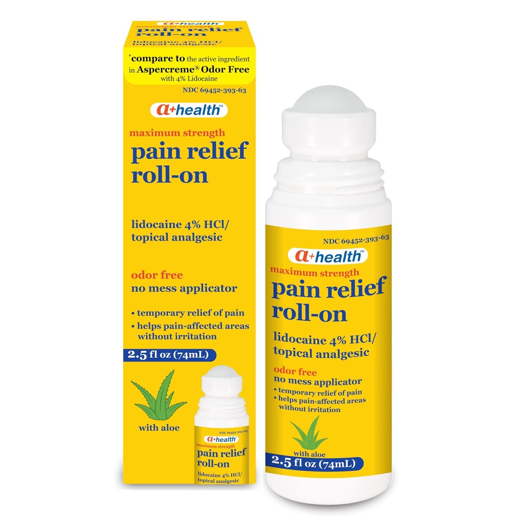 A + helse smerte relief Roll-On Liquid, Lidocain 4%, Odor Free, Maksimal styrke smerte + kløe relief med Aloe, laget i USA, 2,5 fl Ounces