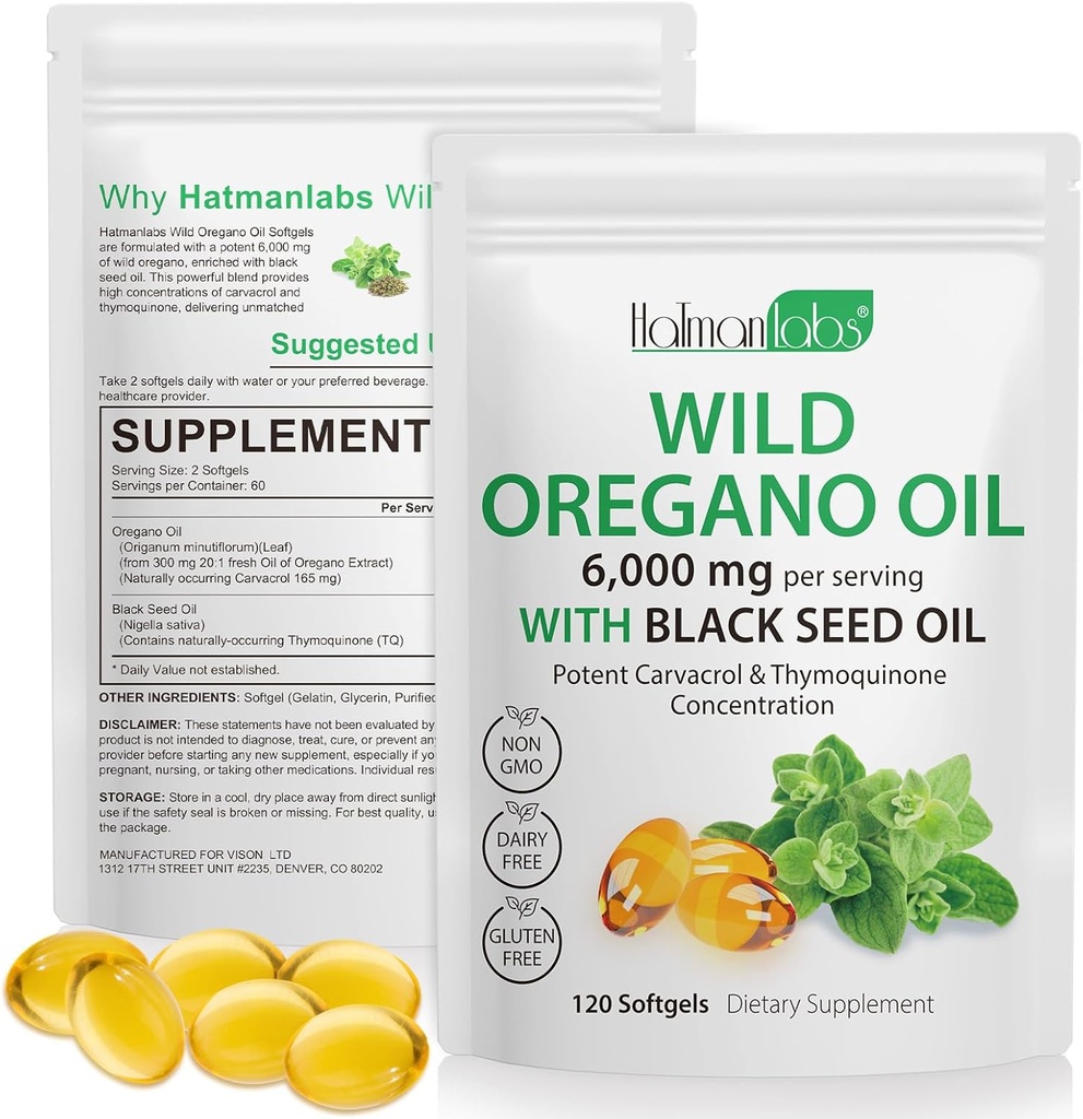 Olje av Oregano Capsules - Ingredienser Olje av Oregano Softgels - 2 i 1 6000mg Olje av Oregano med svart frøolje 200mg - Høy karvatrol & Thymoquinon for immunstøtte