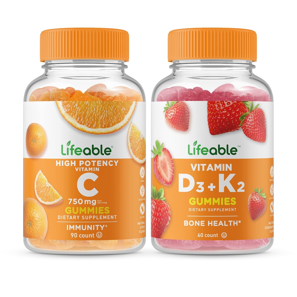 Livbar vitamin C 750mg + vitamin D3 + vitamin K2, Gummier Bundle - Great Tasting, vitamin Supplement, Glutenfri, GMO Gratis, Chewable Gummy