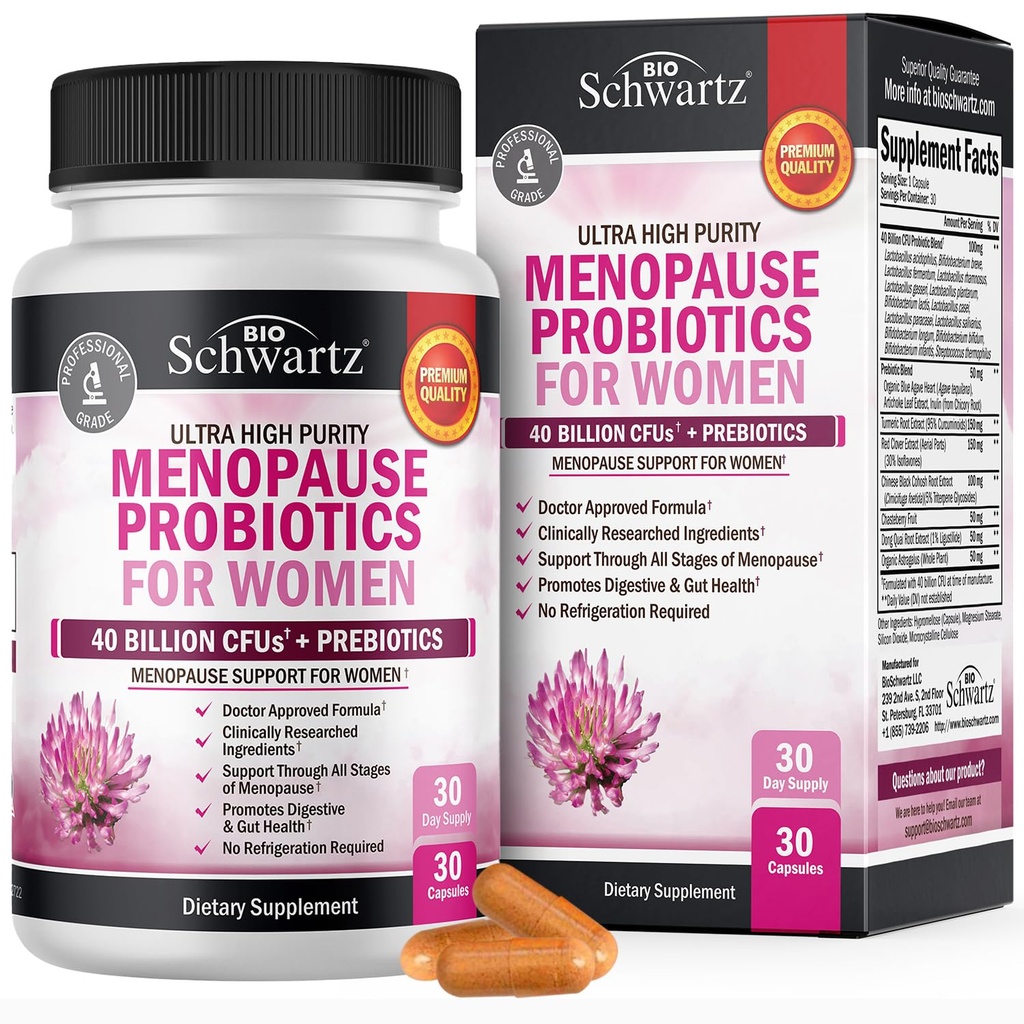 Menopause kosttilskudd for kvinner - 40 milliarder CFU Menopause Probiotika for kvinner - Støtte for Hot Flashs Natt Sweats Mood Swings and Balance - Ikke-GMO, 30 Easy-Swallow Capsules, 30 Services