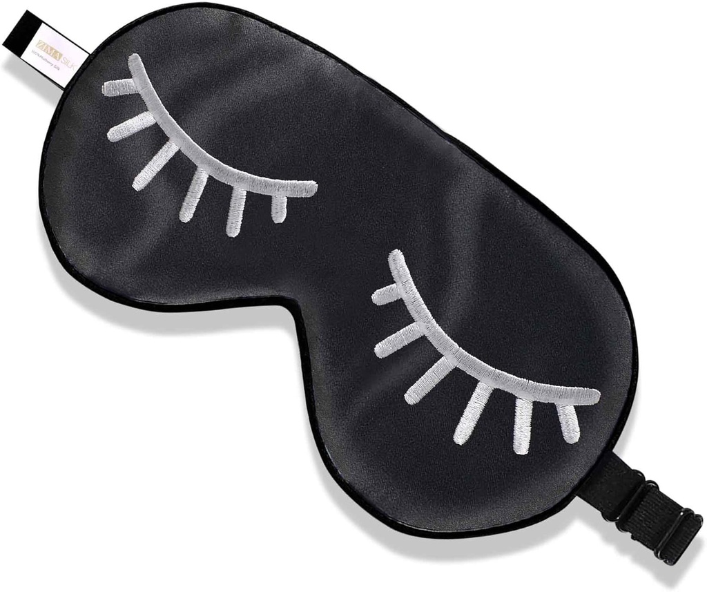 ZIMASILK 100% naturlig silk søvnmaske blindfold,justerbar super-smakende myk øyemaske for å sove med pose(Eyelashes)