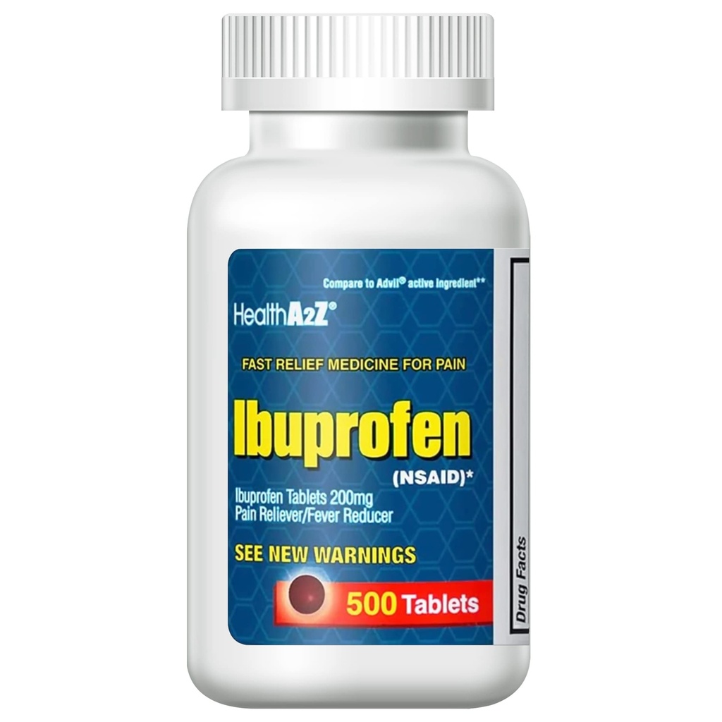 HealthA2Z® Ibuprofen 200mg | 500 greve | smertelindring | Kroppssmerter | Hodepine | Arthritis | Kramper | Ryggsmerter | Feber Reduser... (500 greve)