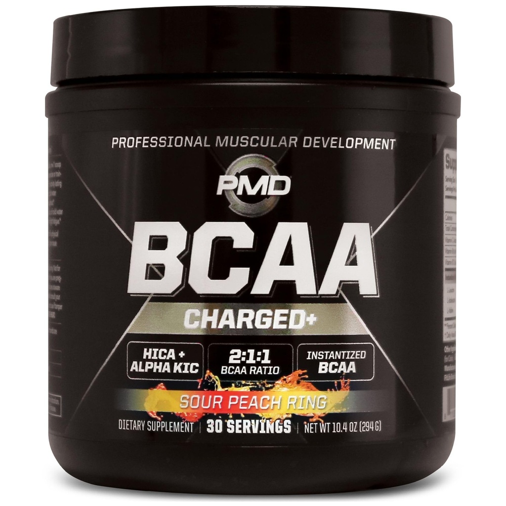 PMD Sports BCAA Charged Delicious Aminosyre Drink Mix for ytelse og utvinning - Øk muskelfunksjonen for trening og daglig energi - Sour Peach Ring (30 Serveringer)