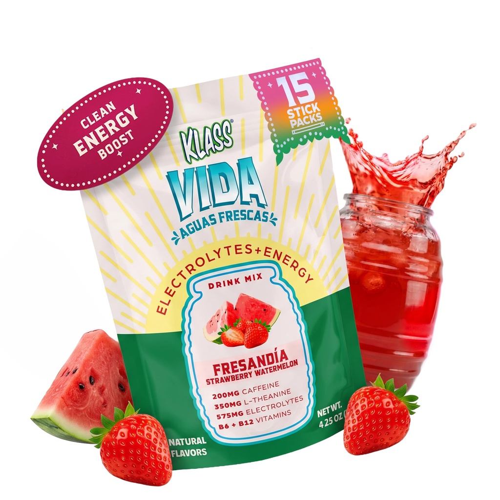 Hydration + Energi Electrolyte Drink Mix - Jordbær vannmelon Agua Fresca Flavor | sukkerfri pulver med koffein, L-Theanin, kokosvann og mineraler | 15 enkeltserve Stick Packs