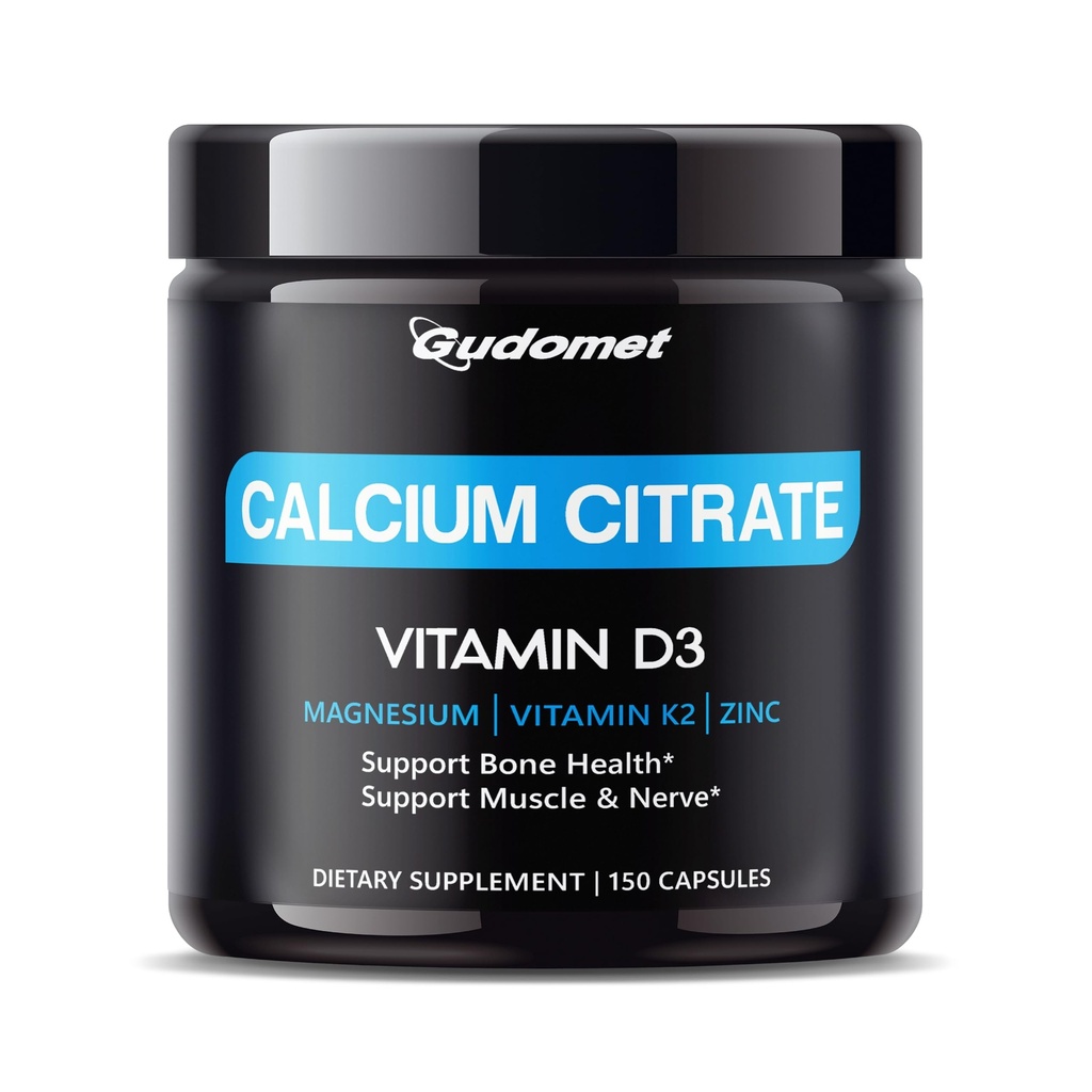 Høyabsorpsjon Kalsium Citrat med vitamin D3 & K2 - støtter bein, muskel og nerve helse - 150 kapsler, laget i USA