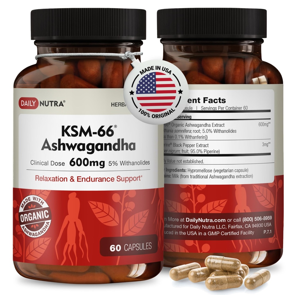 DailyNutra KSM-66 Ashwagandha 600mg organisk rotekstrakt - høy potens Supplement med 5% withanolider | Belaster trøtthet, støtter avslapning, fokus, energi og muskelvekst (60 kapsler)
