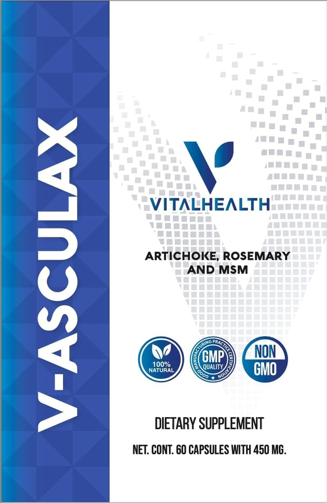Vital Helse V-Asculax Sirkulasjonsstøtte – hjertehelse, blodflow, flytende tilbakeholdenhet og arteriell sirkulasjon – naturlig herbal formel med heks Hazel, Rue, Artichoke, Rosemary, MSM & Horstail
