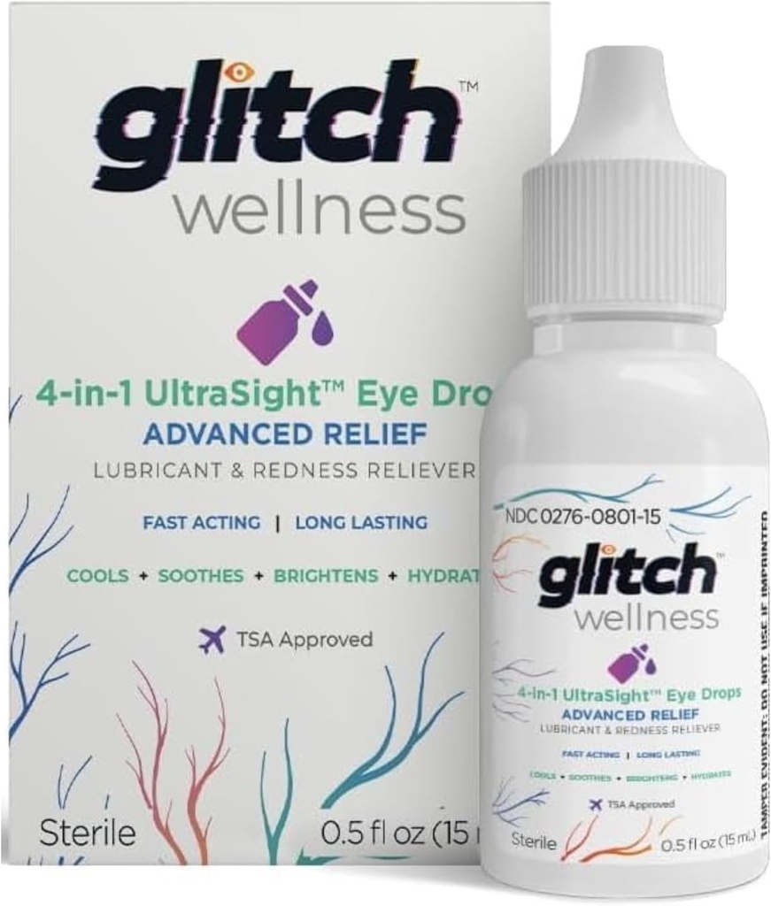 Glitch UltraSight Eye drops for tørr øyne 15ml - 4 i 1 avansert relief tørr øye dråper - hele dagen komfort med hydrasjon, lysing, kjøling - effektivt lindrer irrritation og tørrhet - 0,5 Fl Oz