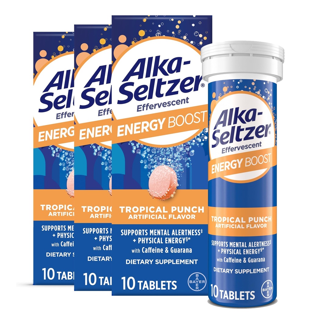 Alka-Seltzer Energiøkning: Koffein & Guarana, B-vitaminer, støtter mental varsling og fysisk energi, Daglig energi Supplement, Fizzy Tabletter, Sukker-fri, Light Tropical Punch Flavor, 30ct