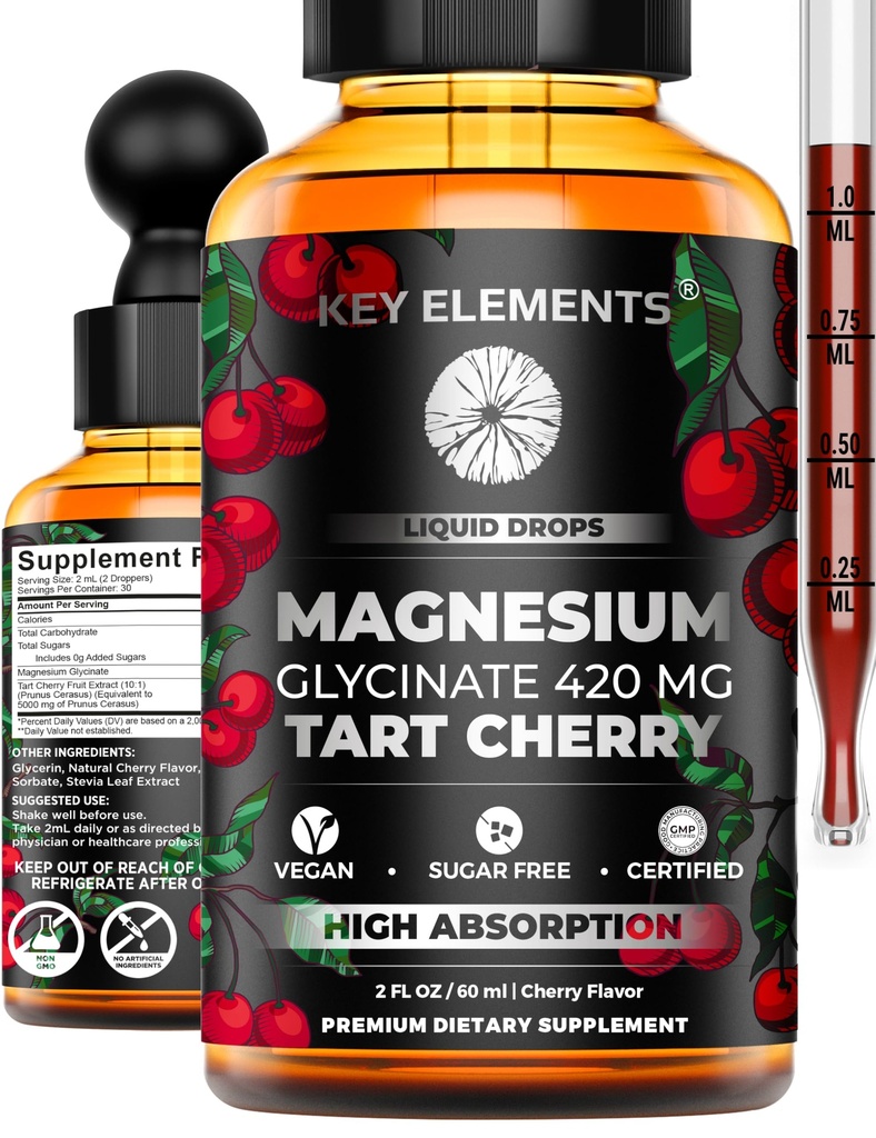 Væske Magnesium Glycinate 420 Mg med naturlig Tart Cherry Extract | Magnesium Glycinate Drops Supplement for søvn, Mood & Mobility Support | Tart Cherry Extract