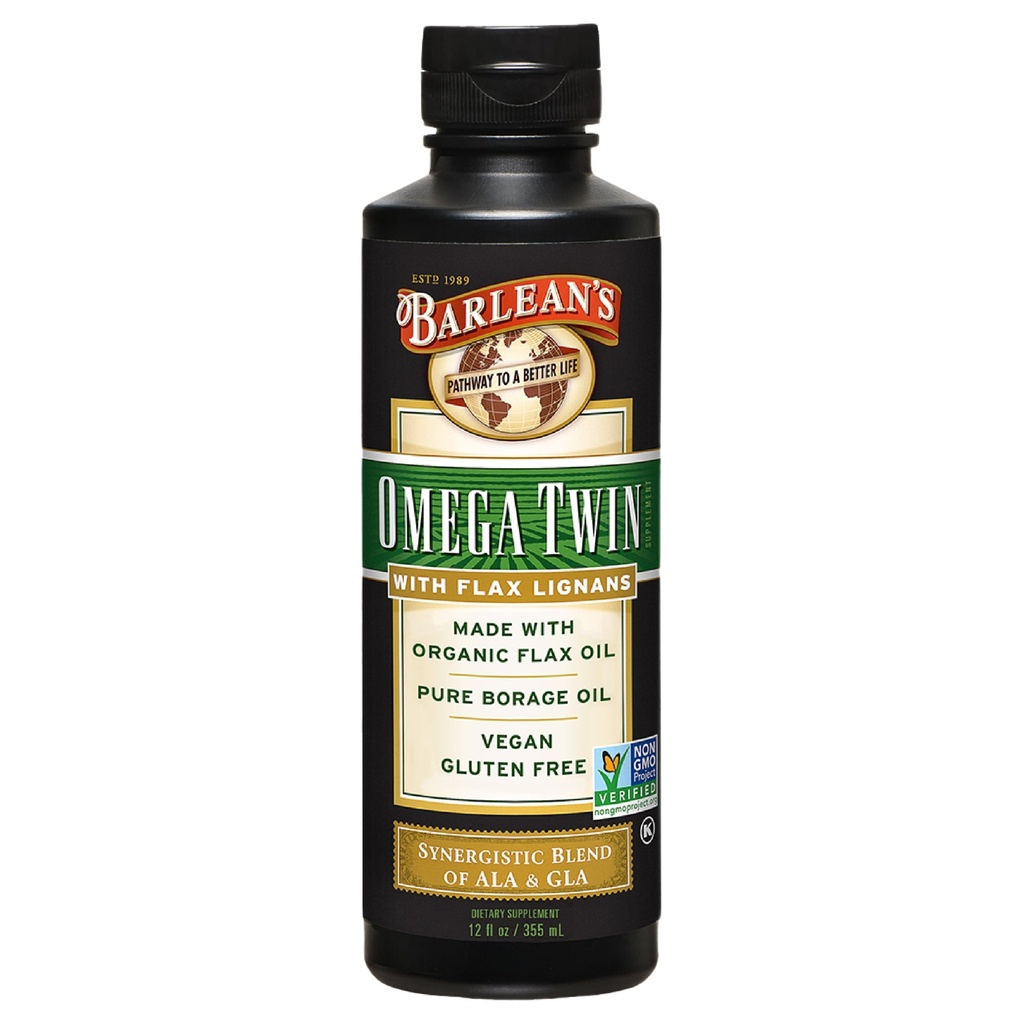 Barleans Omega Twin Fluid Flaxfrøolje og ren boreolje Supplement med liganer, 6,010mg ALA og 465mg GLA Omega fettsyrer fra organiske Flax frø og kalde presset borefrø, 12 oz