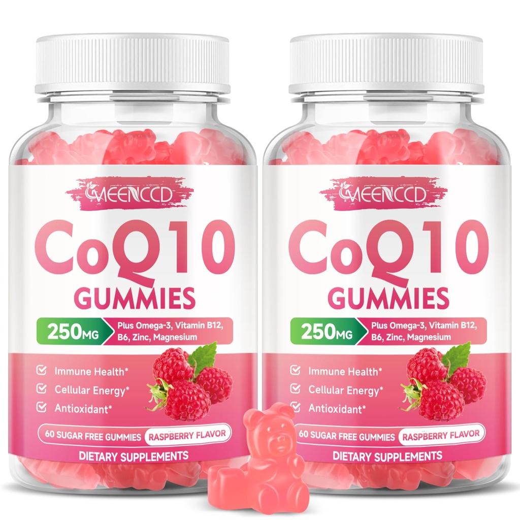 Sukkerfri CoQ10 Gummies 250 mg, Coenzym Q10 kosttilskudd Plus Omega-3, Vitamin B6 & sink, høy absorpsjon CoQ10 Supplement for Cellular Energy & Antioksidant Support, bringebær Flavor, Vegan 120Cts