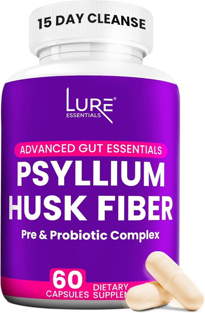 Lure Essentials Psyllium Husk Capsules for Colon Cleanse - Prebiotic og Probiotic Fiber