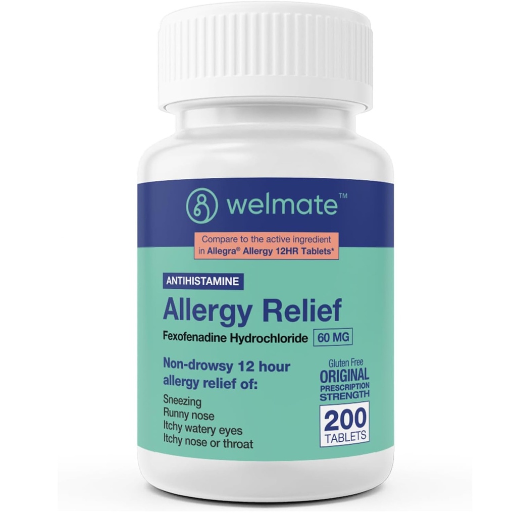 WELMATE - Allergi relief - Fexofenadin HCl 60 mg - 12 timers ikke-drowsy antihistamin - Sneezing - Runny Nese - kløende øyne, nese og throat - Allergy Relief Tabletter - 200 greve