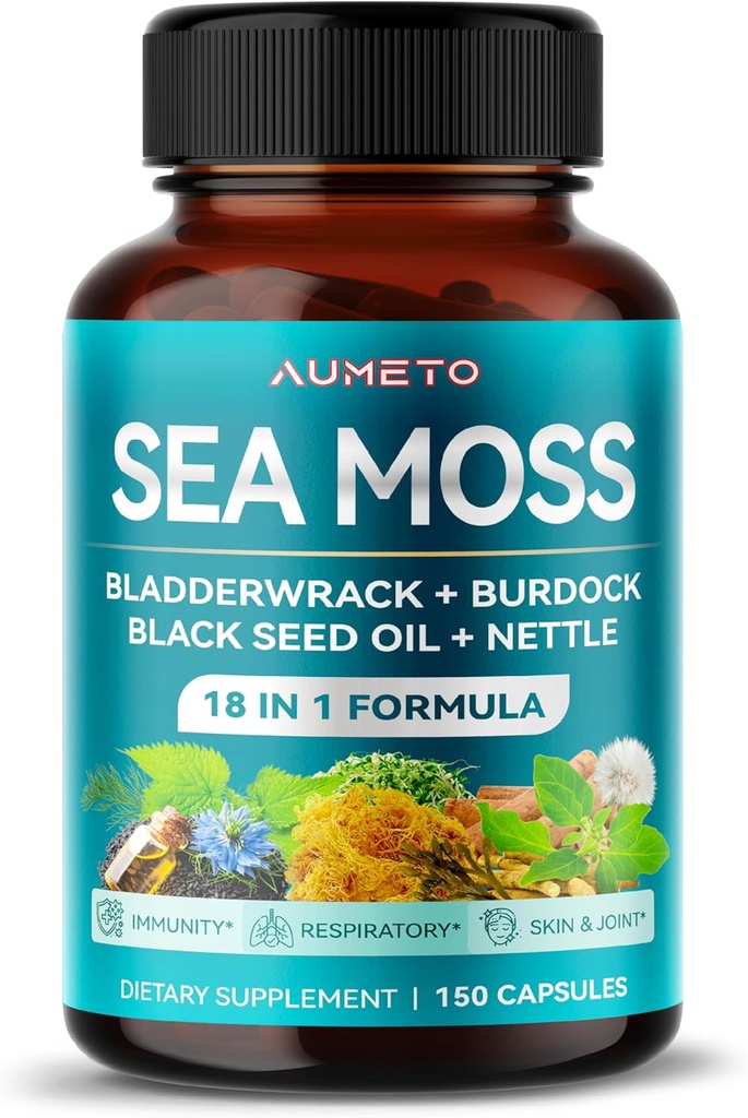 Premium Sea Moss Supplement med svart frøolje, Ashwagandha, Bladderwrack, Nettle-Advanced 18-i-1 Formel for immunisme Boosting, Mineral-Rich - laget i USA (150 greve (Pack of 1))