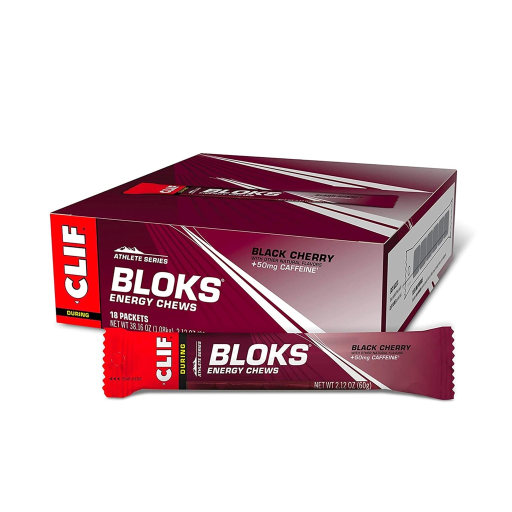 CLIF BLOKS - Black Cherry Flavor med koffein - Energi Chews - Ikke-GMO - Plant Basert - Rask brensel for sykling og løping - Hurtige karbohydrater og elektrolyter - 2,12 oz. (18 greve)