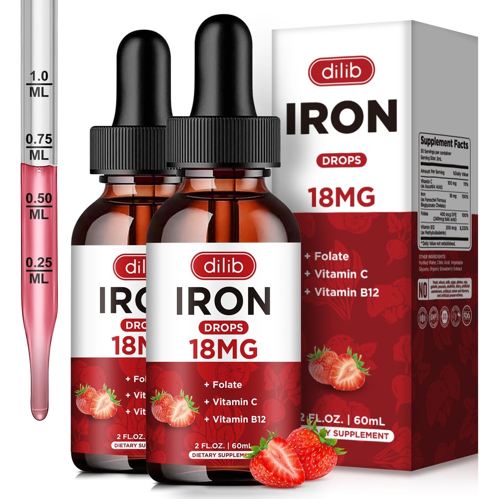 (2 pakke) flytende jerntilskudd for kvinner og menn jern faller jerntilskudd for anemi med folat, vitamin C, B12 for rød blodcelle støtte-Strawberry, 4 Fl Oz
