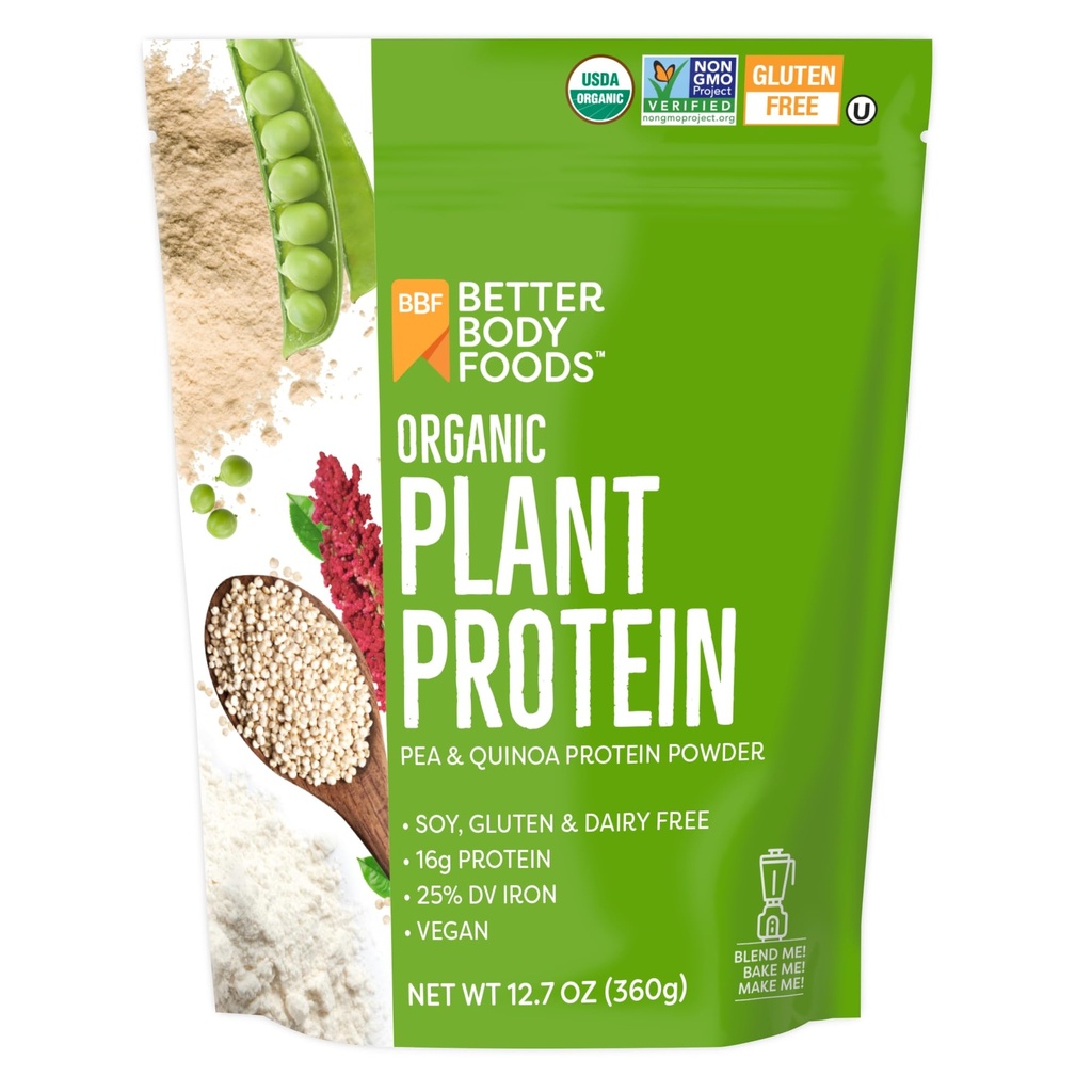 BetterBody Foods Organic Plant Basert Protein Powder, 16g protein 24% DV, Vegansk, Lavnettskarbohydrater, Glutenfri, Dairy Free, Ingen sukker lagt til, Soya Free, Ikke-GMO, 12,7 Ounces