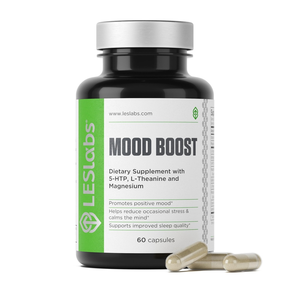 LES Labs Mood Boost – Stress Relief, Mood Support, dyp avslapping og bedre søvn – 5-HTP, Ashwagandha, Rhodiola Rosea, Magnesium, L-Theanine & GABA – Ikke-GMO Supplement – 60 Kapsler